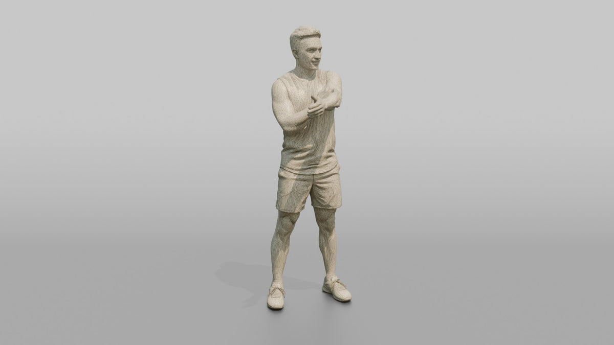 Fitness Influencer Man Stretching One Arm Across The Chest - wireframe topology preview