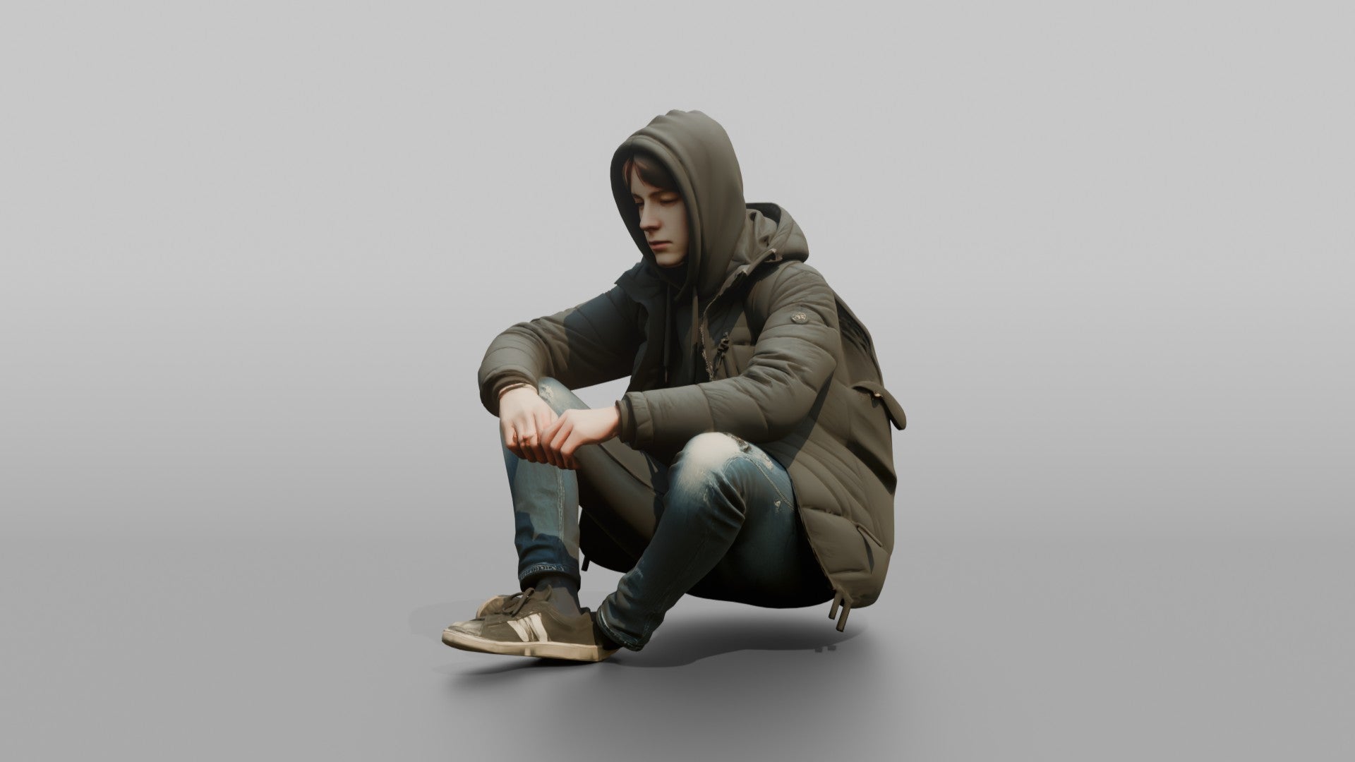 Teenager Sitting on a Curb in a Puffer Jacket