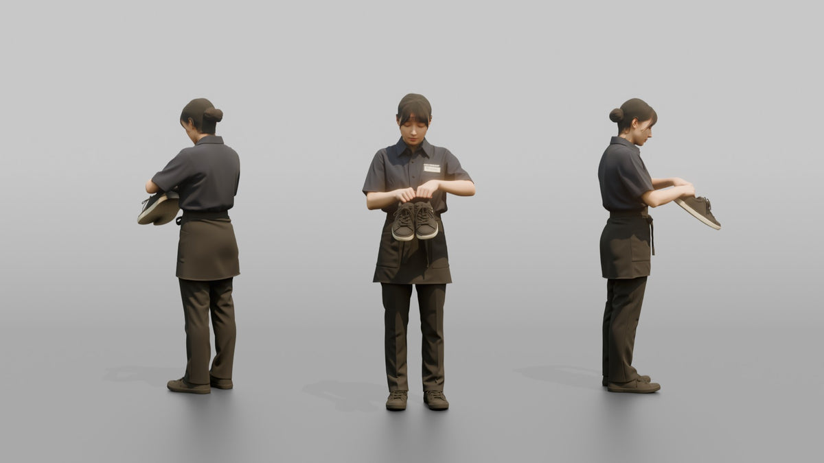 Woman Shop Assistant Arranging A Pair Of Shoes In Her Hands - 3D character model, view 1