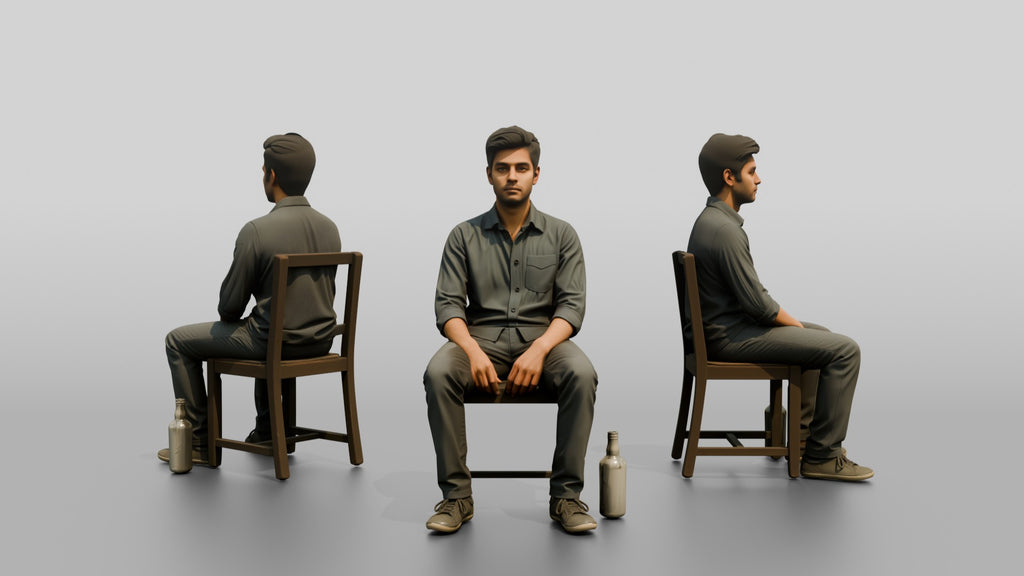 Homeless Man Staring Blankly with an Empty Bottle Nearby