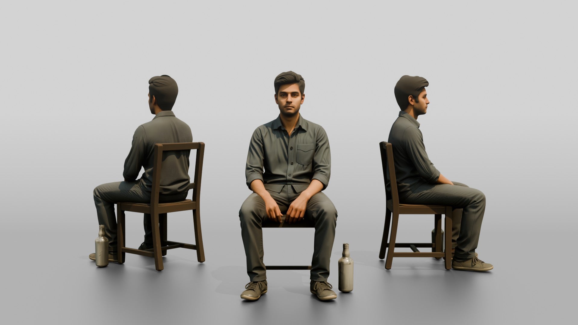 Homeless Man Staring Blankly with an Empty Bottle Nearby