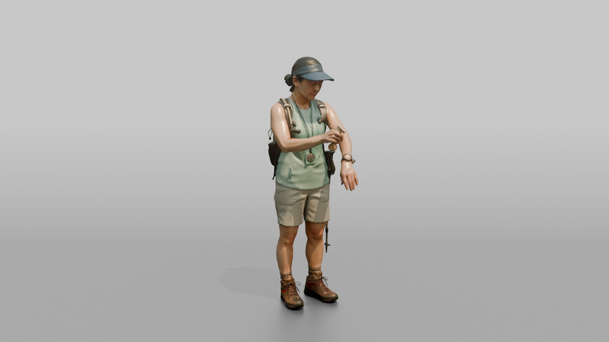 Hiker Applying Sunscreen to Her Arms - 3D character model, view 1
