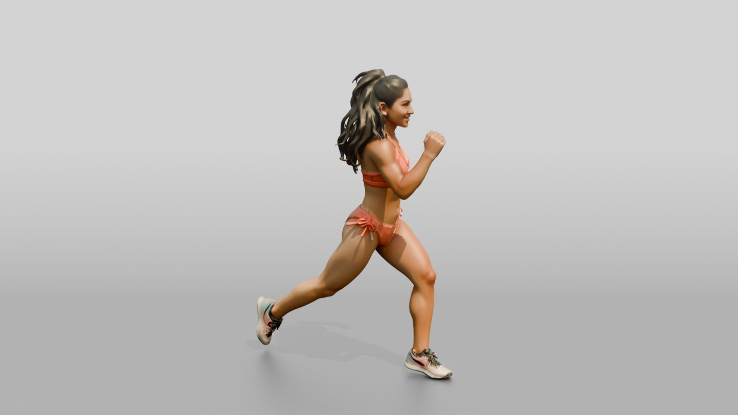 Latina Woman Running in Bold Coral Bikini