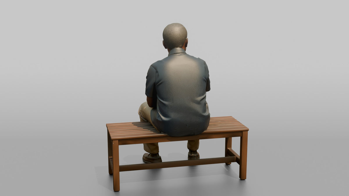 Man Customer Sitting On A Bench Resting - 3D character model, view 3