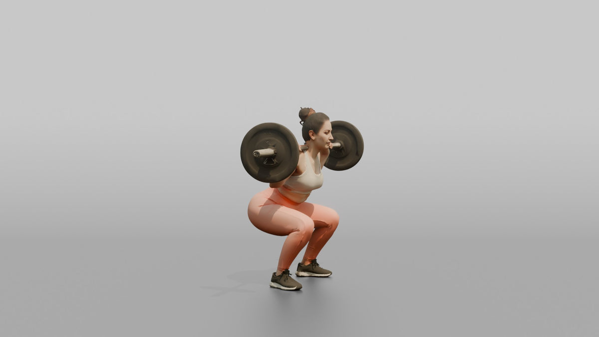 Weightlifter Woman Holding A Barbell Across The Shoulders In A Squat Stance - 3D character model, view 2