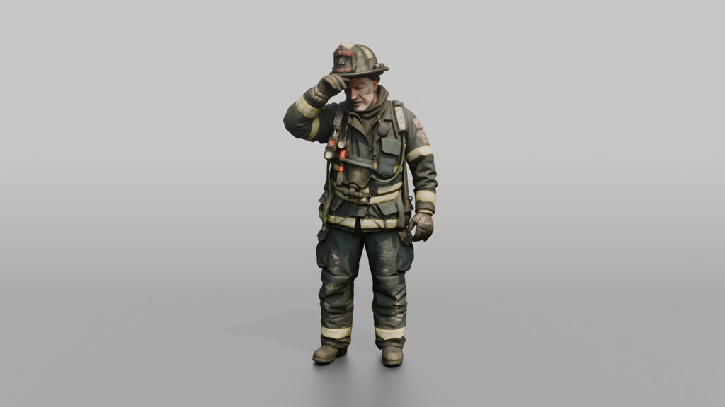 Firefighter Man Wiping Soot Off His Forehead with a Gloved Hand