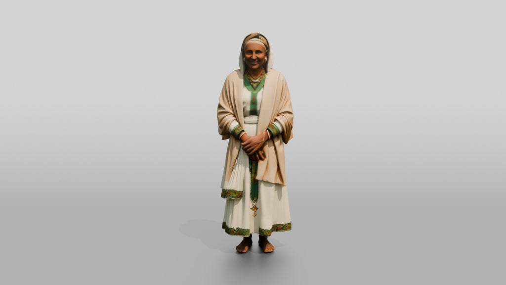 Elderly Ethiopian Woman in Traditional White Dress and Shawl