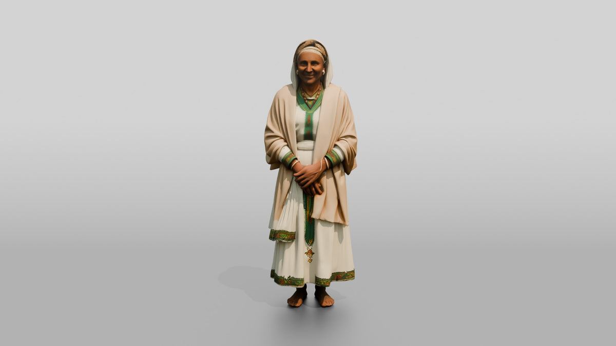 Elderly Ethiopian Woman in Traditional White Dress and Shawl - 3D character model, view 5