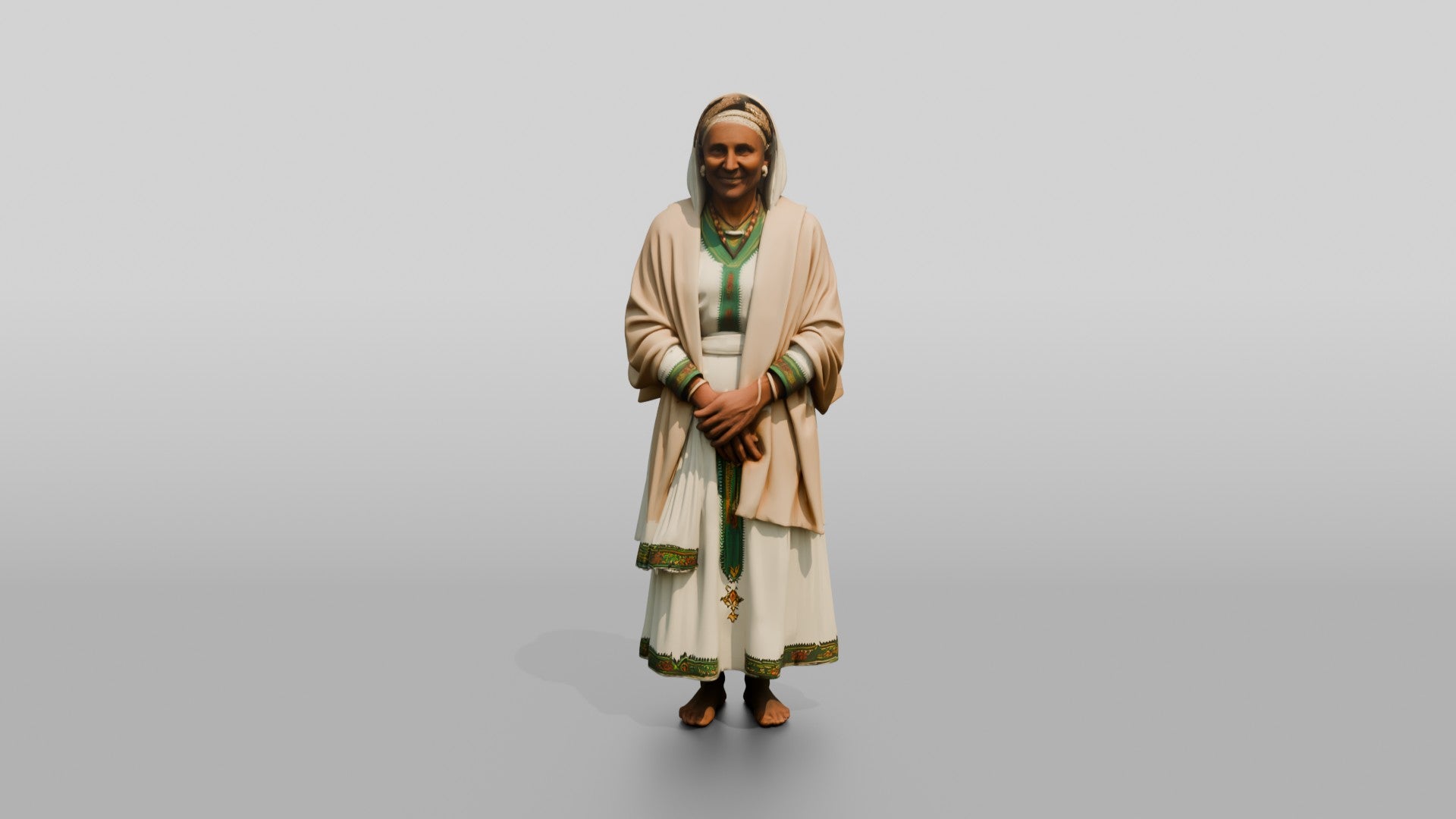 Elderly Ethiopian Woman in Traditional White Dress and Shawl