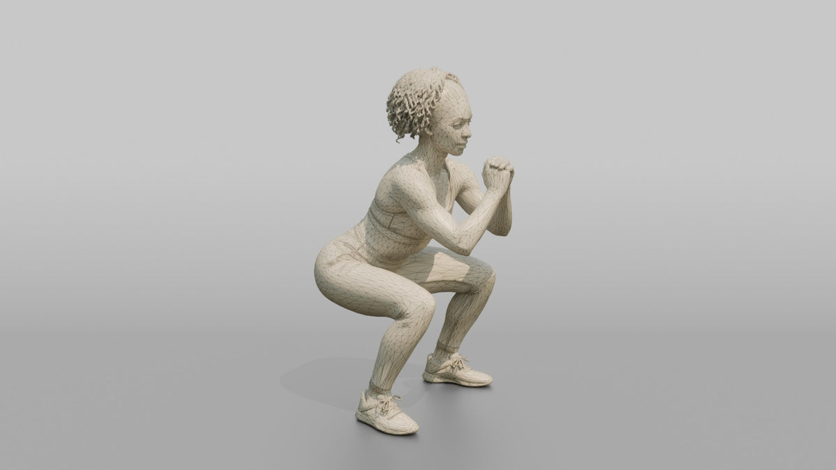 Fitness Influencer Woman Doing A Bodyweight Squat With Hands Clasped - wireframe topology preview