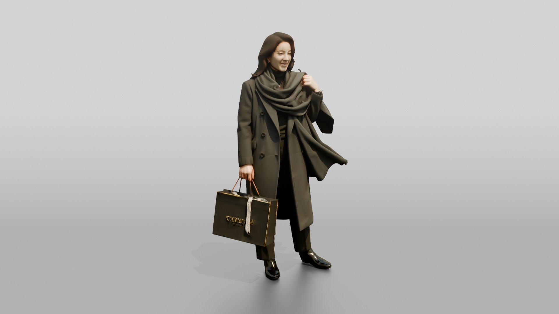 Woman Adjusting Scarf with Designer Shopping Bag