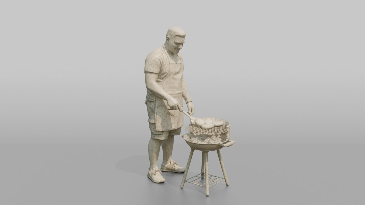 Father Flipping A Burger With A Spatula Over A Grill - wireframe topology preview