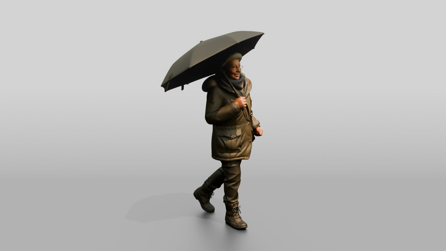Elderly Black Woman in Heavy Coat with Umbrella