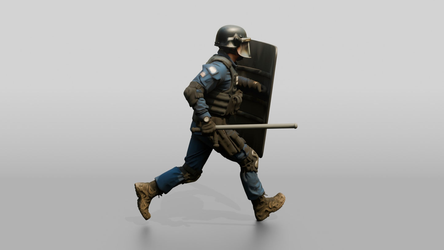 Riot Police Officers Running with Shields