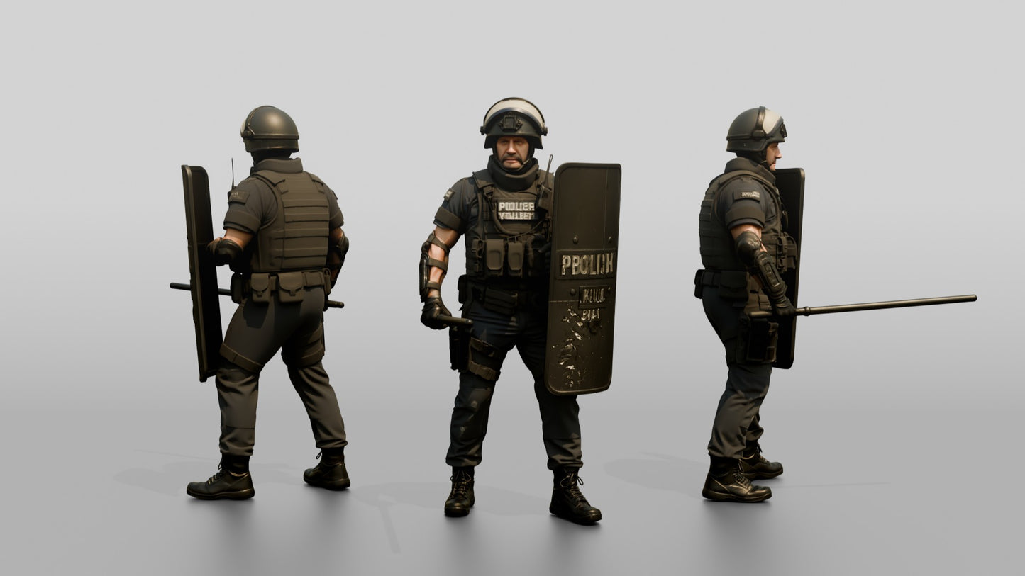Riot Police Officer Holding Baton and Shield