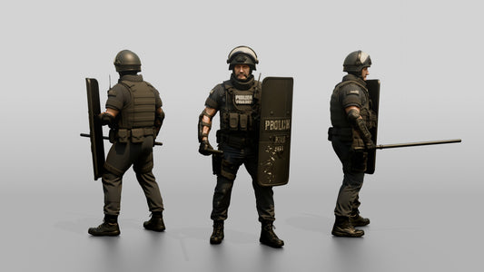 Riot Police Officer Holding Baton and Shield