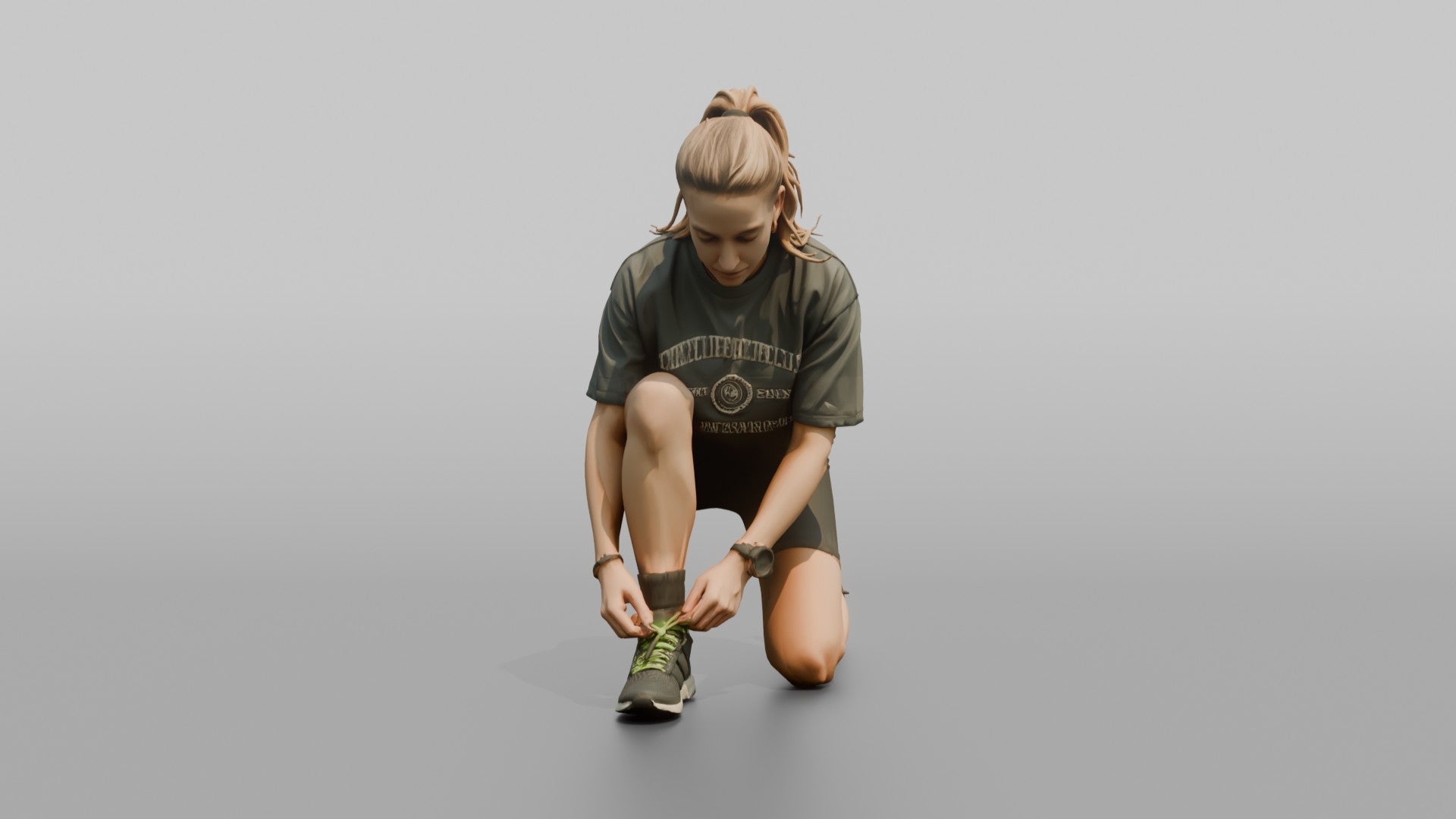 Woman Kneeling to Adjust Her Sneaker Laces