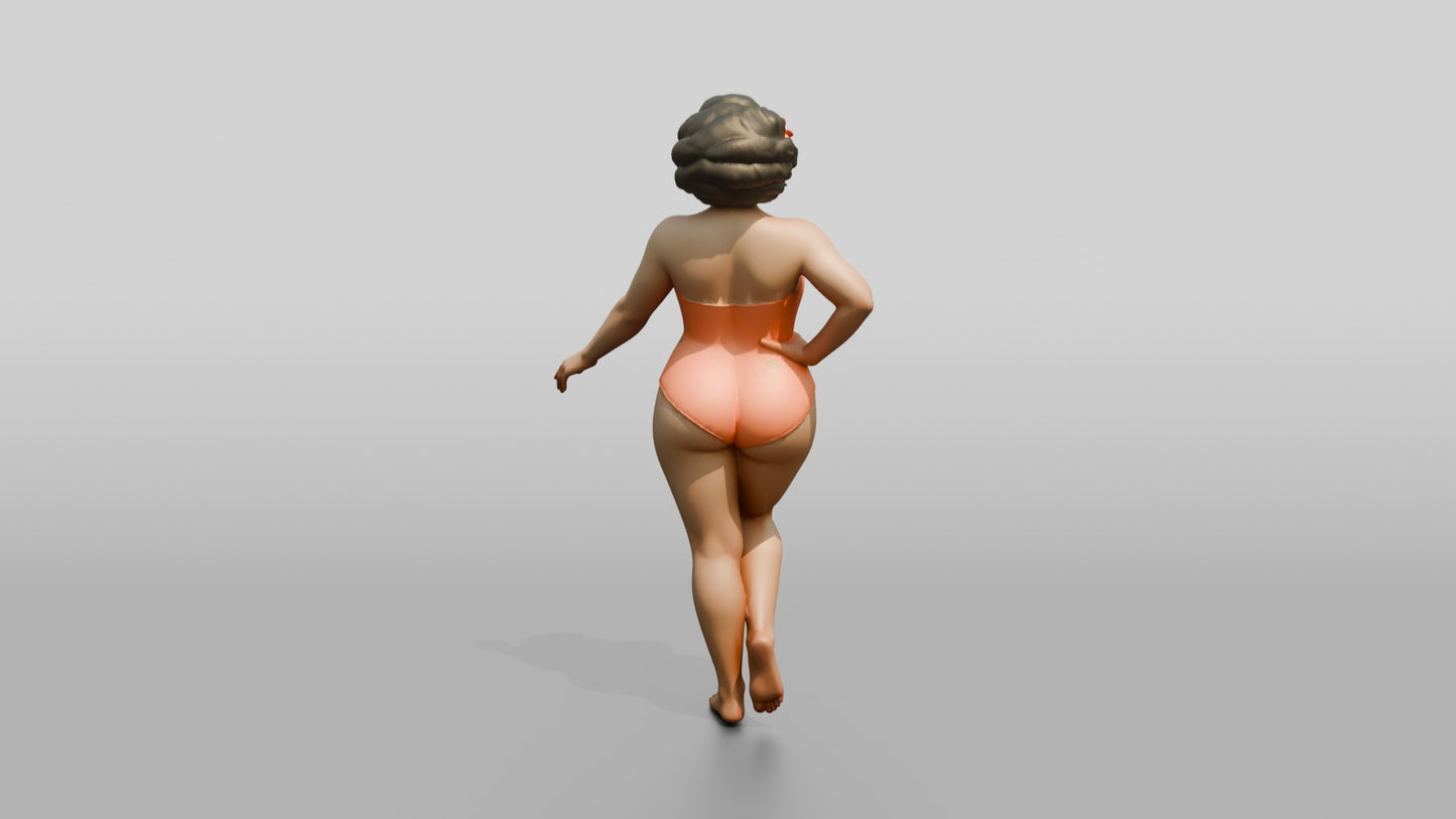 Curvy Woman in Coral One-Piece Swimsuit Playful Pose
