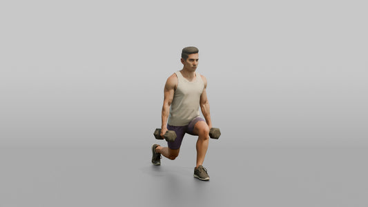 Weightlifter Man Holding Two Dumbbells At The Sides Mid-lunge - 3D character model