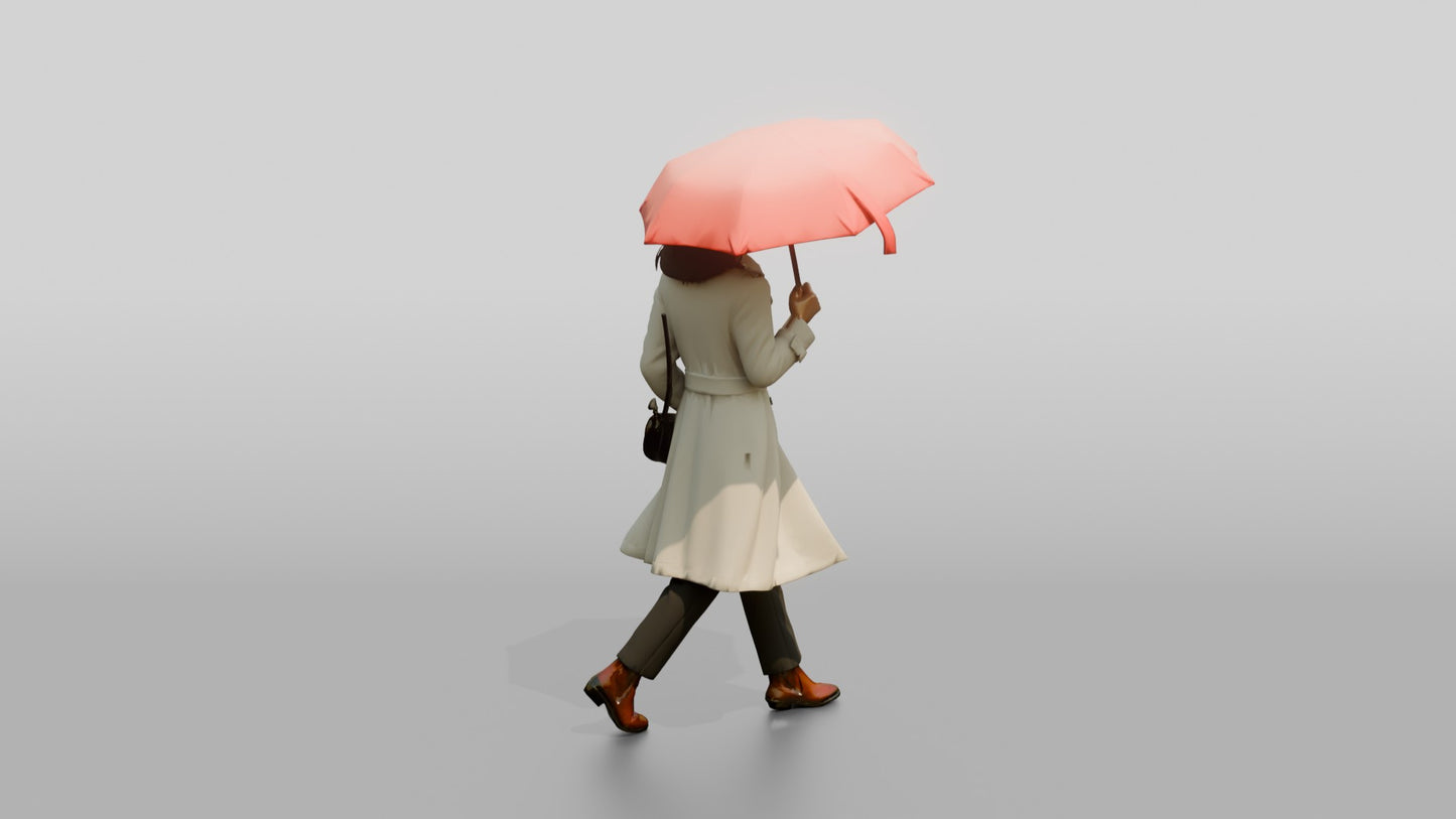East Asian Woman in White Trench Coat with Red Umbrella