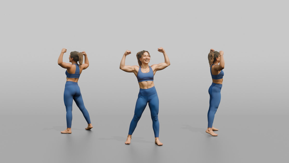 Physique Model Woman Flexing Both Arms Overhead In A Victory Pose - 3D character model, view 1