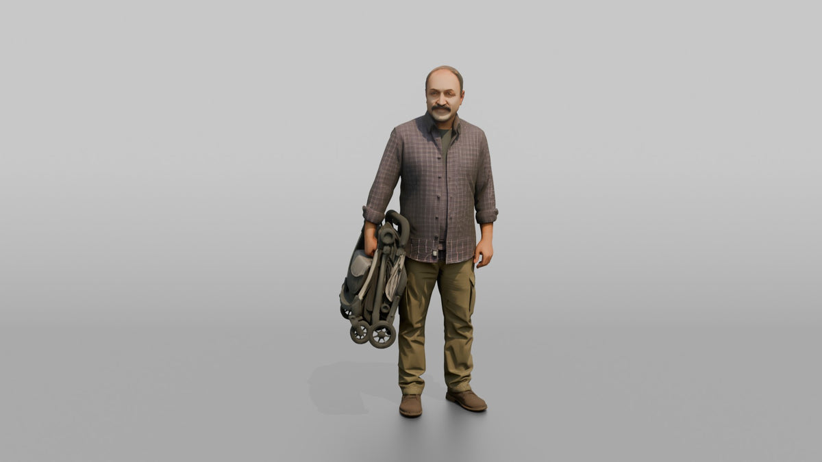 Father Carrying A Folded Stroller Tucked Under One Arm - 3D character model, view 5