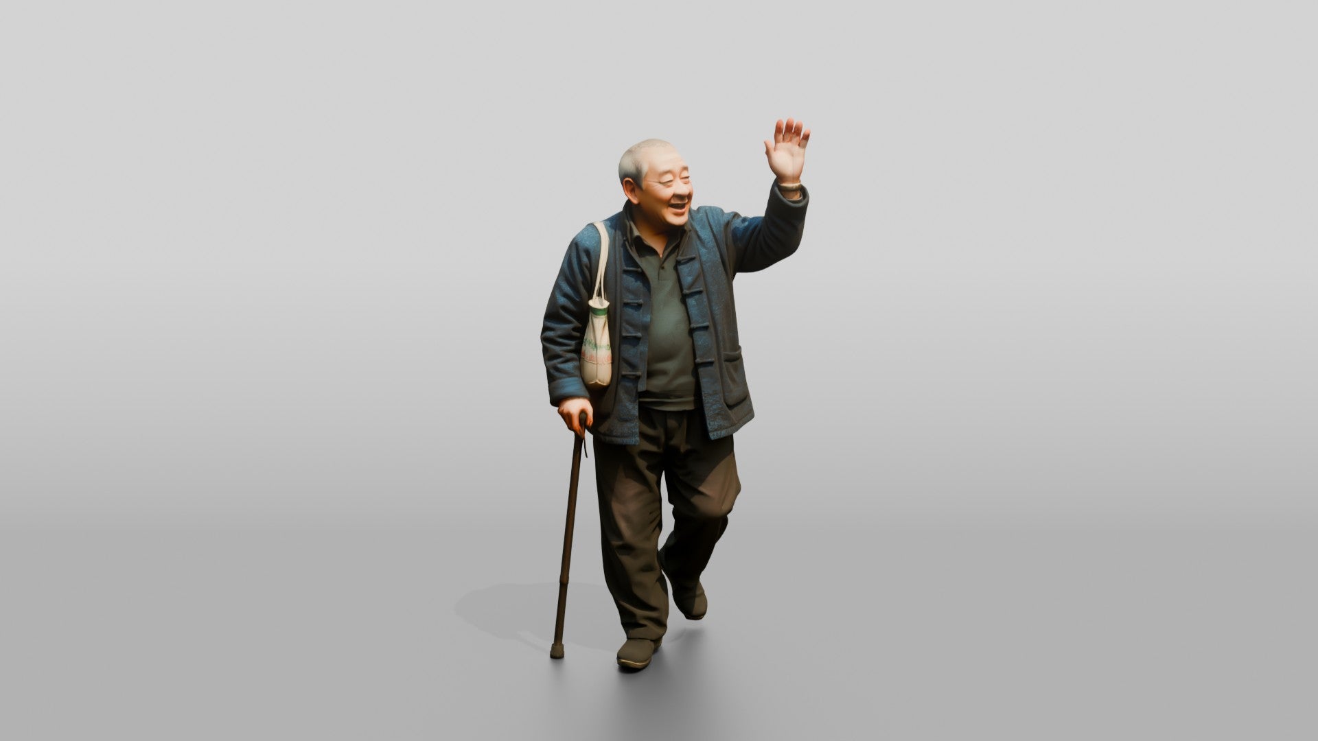 Elderly Chinese Man Waving While Walking with Cane