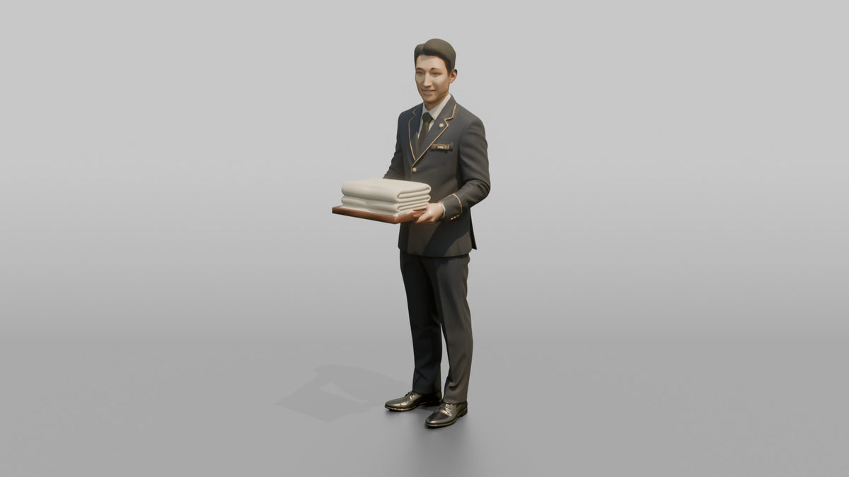 Bellhop Woman Carrying A Tray With Folded Towels - 3D character model, view 4