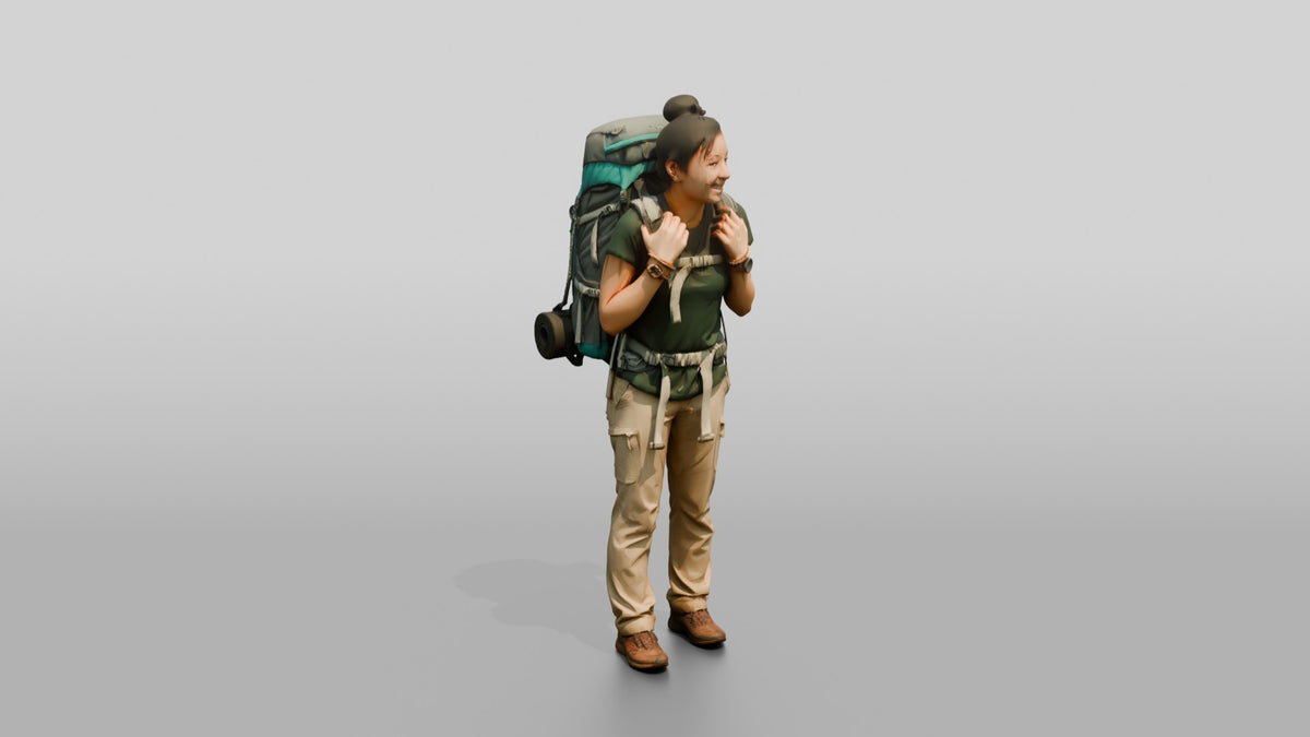 Young Woman Hiker with Large Teal Trekking Backpack Smiling - 3D character model, view 1