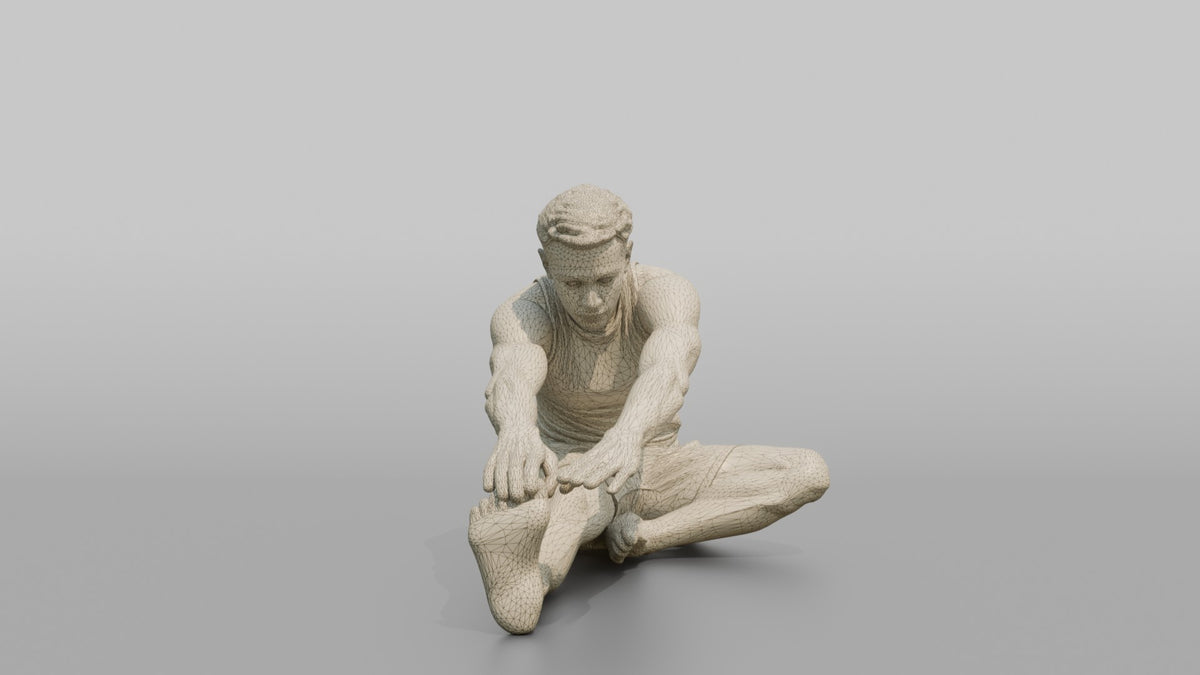 Fitness Influencer Man Stretching One Leg Forward, Hands Reaching Toward The Foot - wireframe topology preview