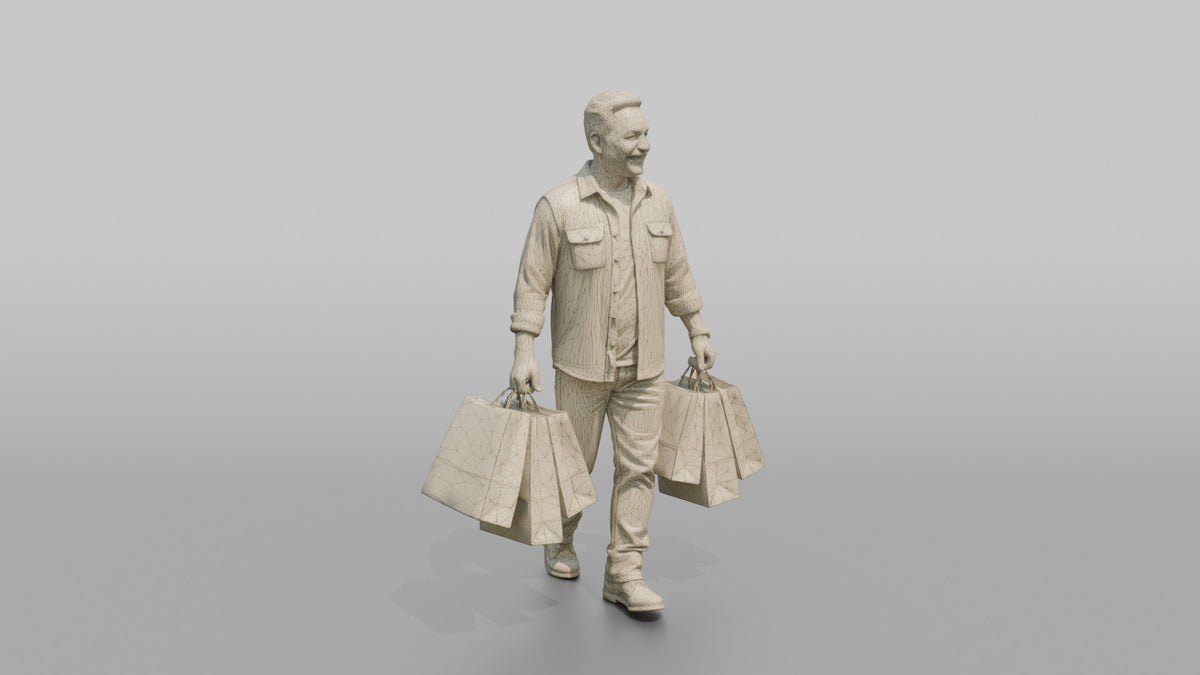 Man Customer Carrying Several Shopping Bags In Both Hands - wireframe topology preview