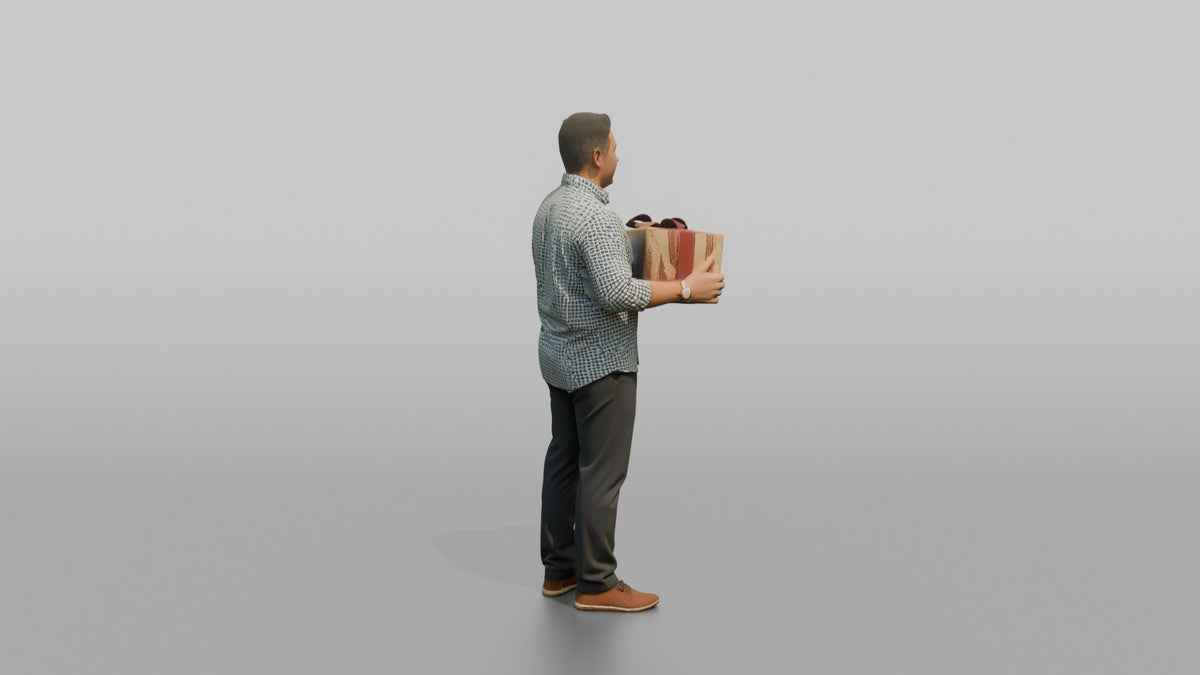 Father Carrying A Large Gift-wrapped Present In Both Arms - 3D character model, view 3