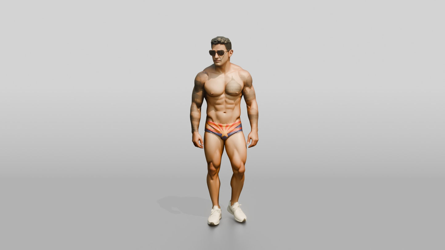 Mestizo Man Running in Sunburst Swim Brief