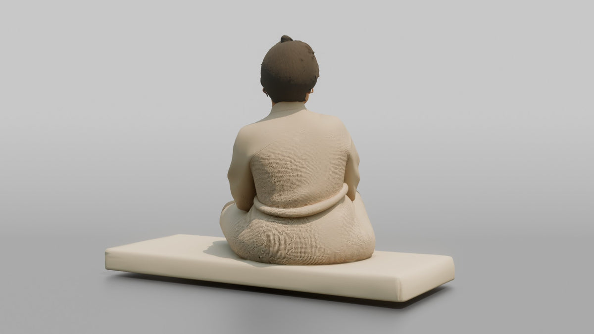 Spa Client Woman Sitting On A Daybed, Legs Crossed, Holding A Small Pillow - 3D character model, view 3