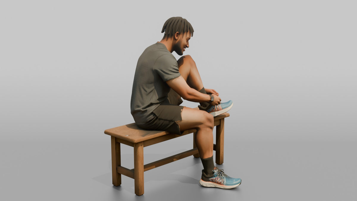 Man Customer Sitting On A Bench Trying On Running Shoes - 3D character model, view 2