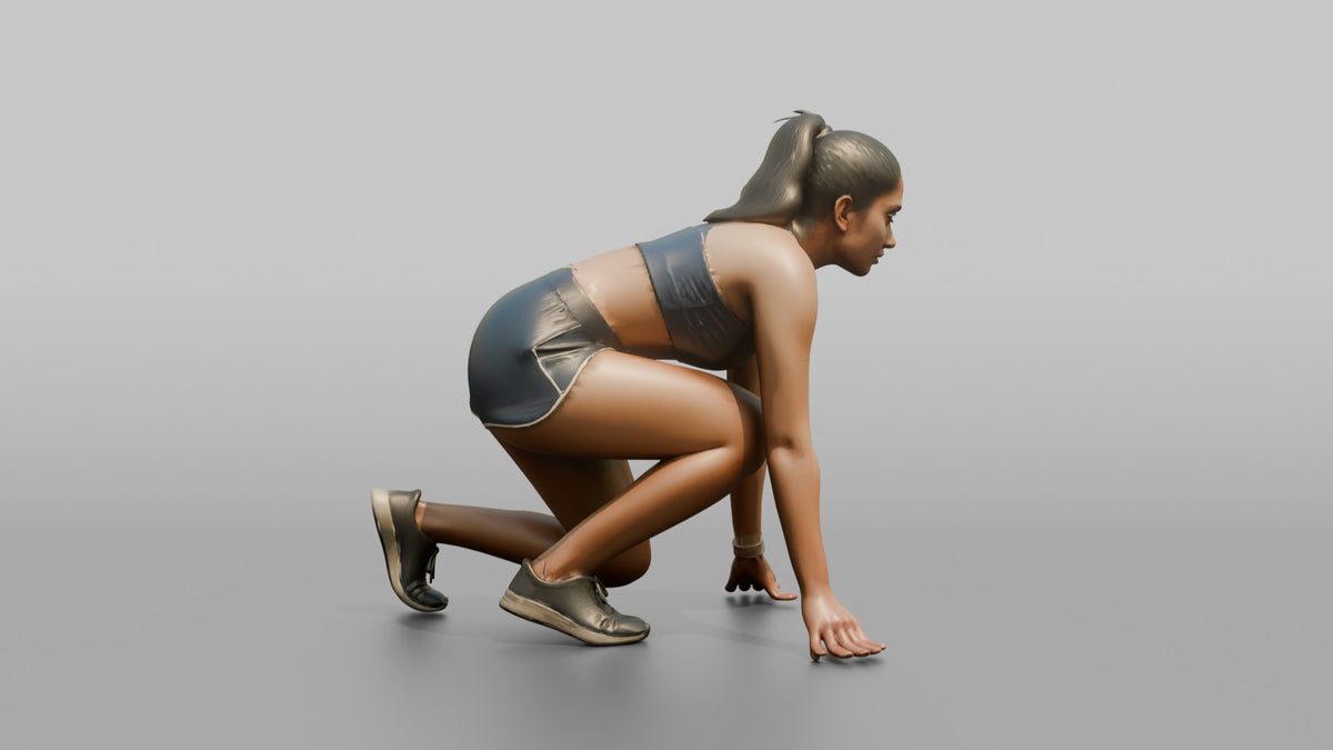 Cardio Athlete Woman In A Starting Sprinter's Crouch - 3D character model, view 2