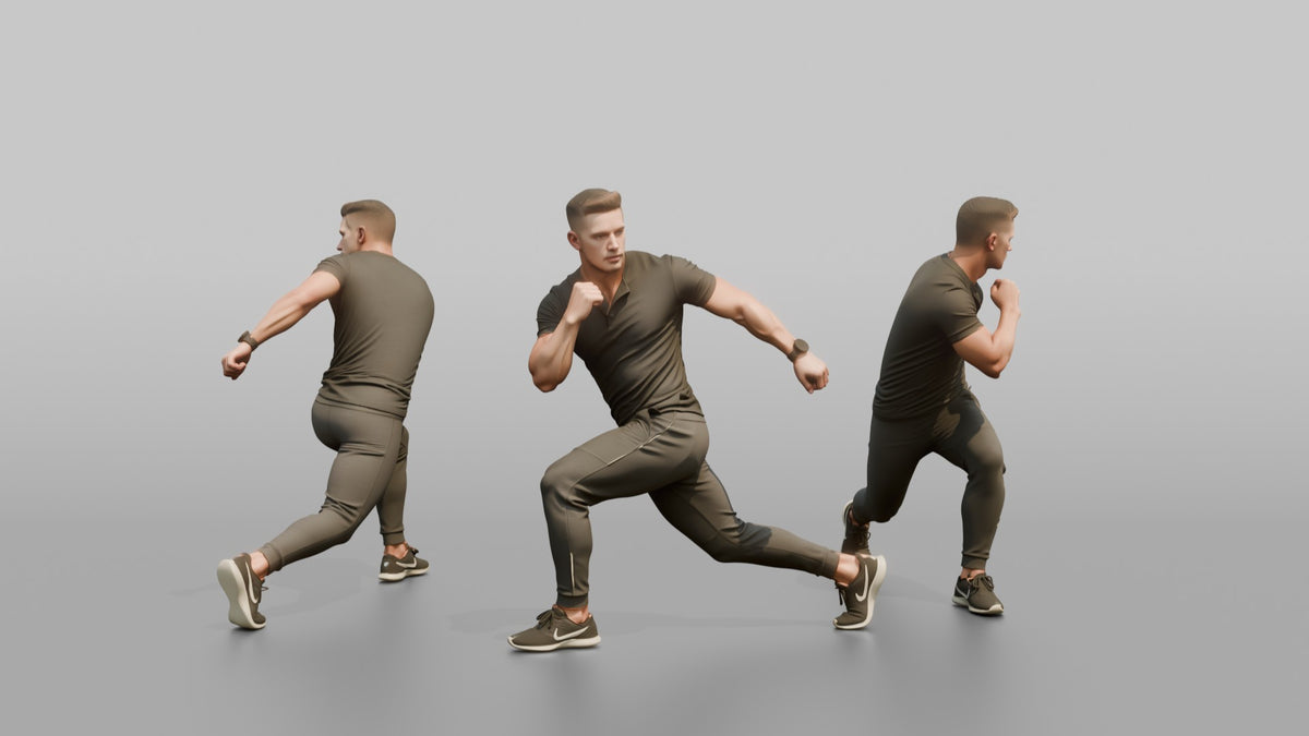 Fitness Influencer Man Mid Lunge, Twisting Slightly - 3D character model, view 1
