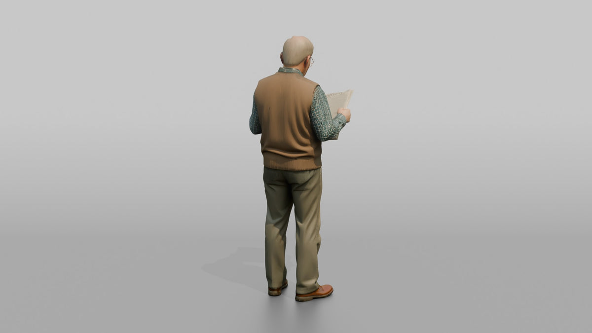 Grandfather Holding A Newspaper, Reading Through His Glasses - 3D character model, view 3