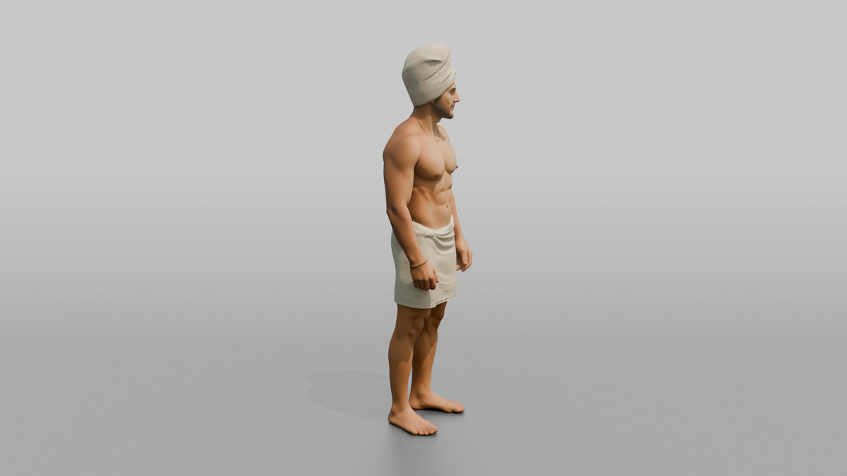 Spa Client Man Standing With A Towel Wrapped Turban-style Around The Head - 3D character model, view 2