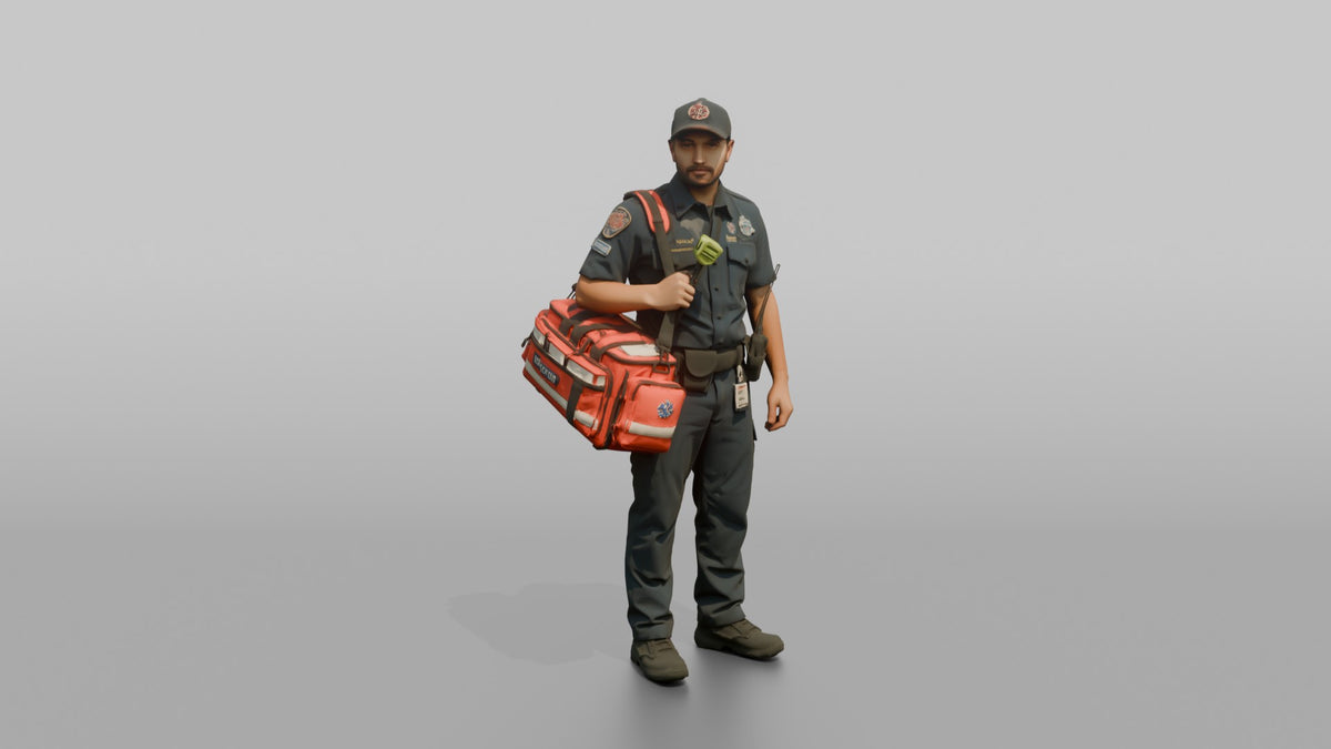 Firefighter Man Carrying a Bright Red Medical Emergency Trauma Bag - 3D character model, view 1