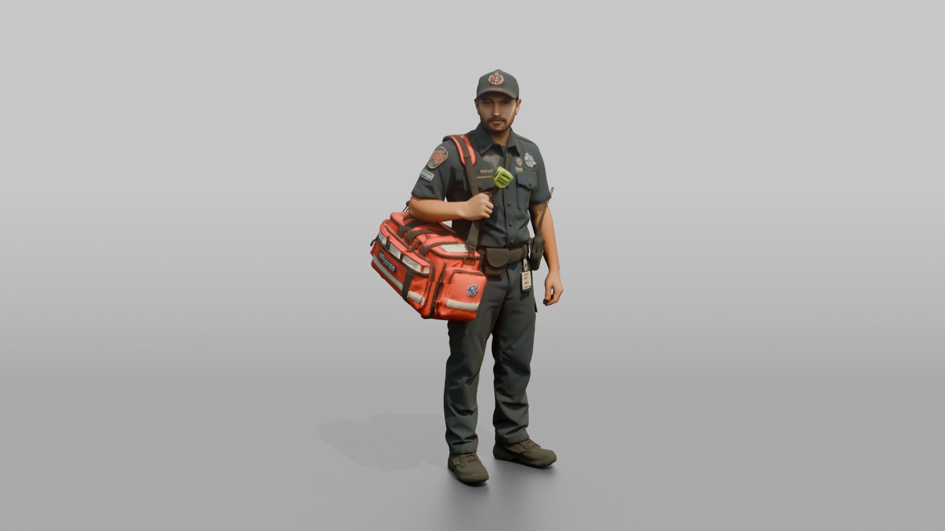Firefighter Man Carrying a Bright Red Medical Emergency Trauma Bag