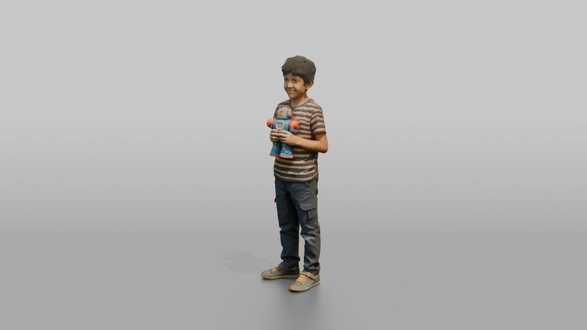 Son Holding A Toy Robot With Both Hands - 3D character model, view 4