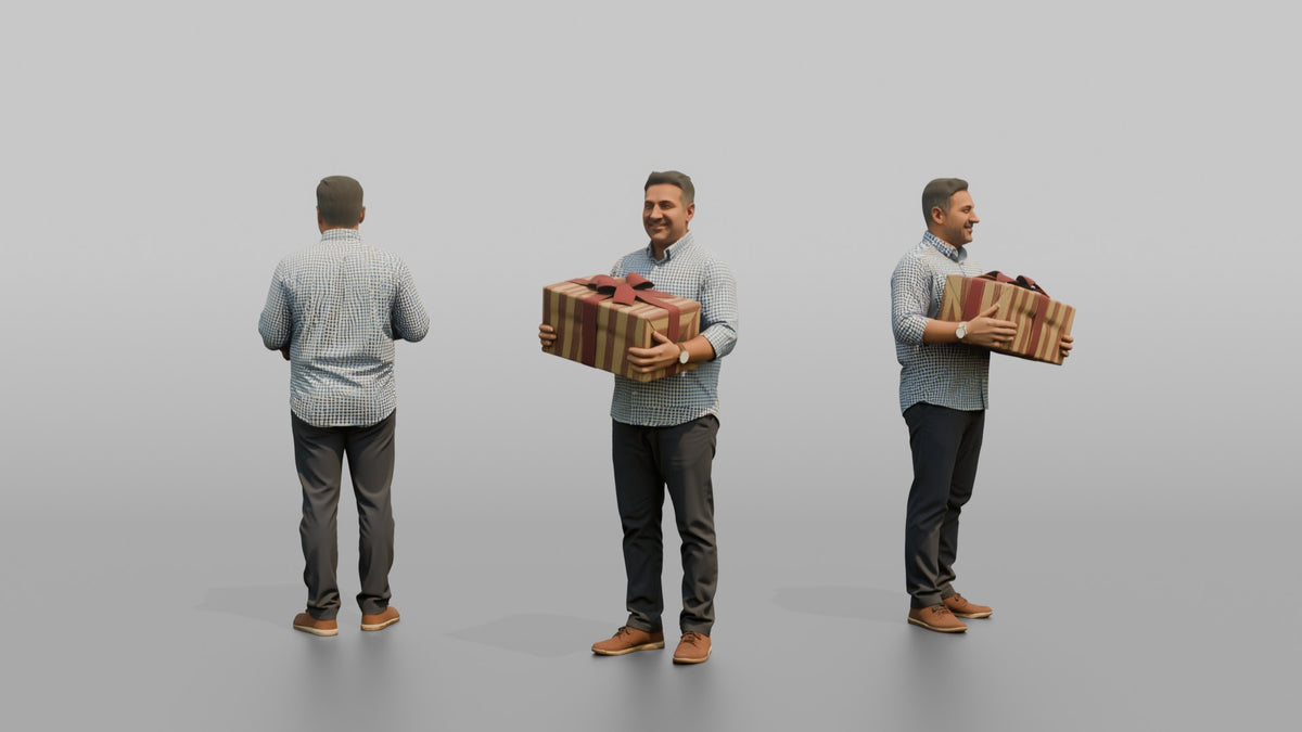 Father Carrying A Large Gift-wrapped Present In Both Arms - 3D character model, view 1