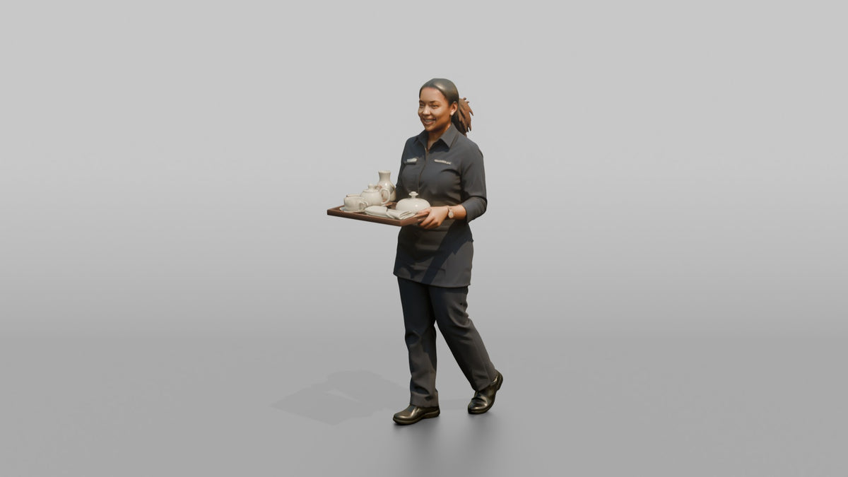 Housekeeping Staff Woman Carrying A Room Service Tray - 3D character model, view 4