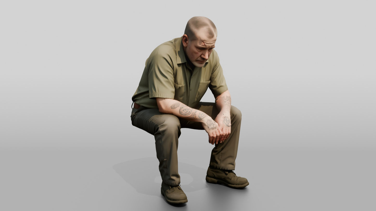 White Male Prisoner Sitting on the Edge of an Invisible Cot
