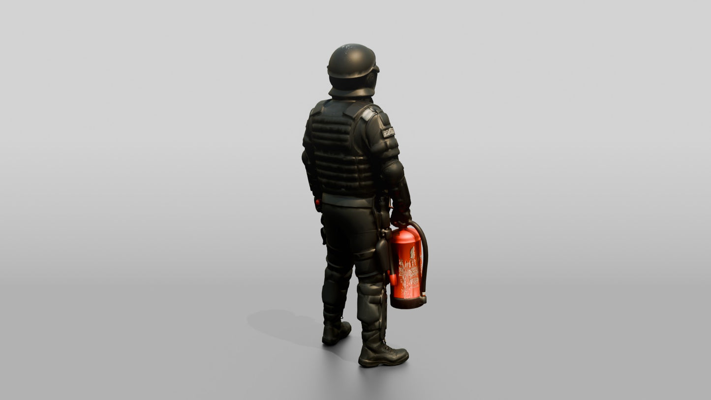 Riot Police Officer with Fire Extinguisher