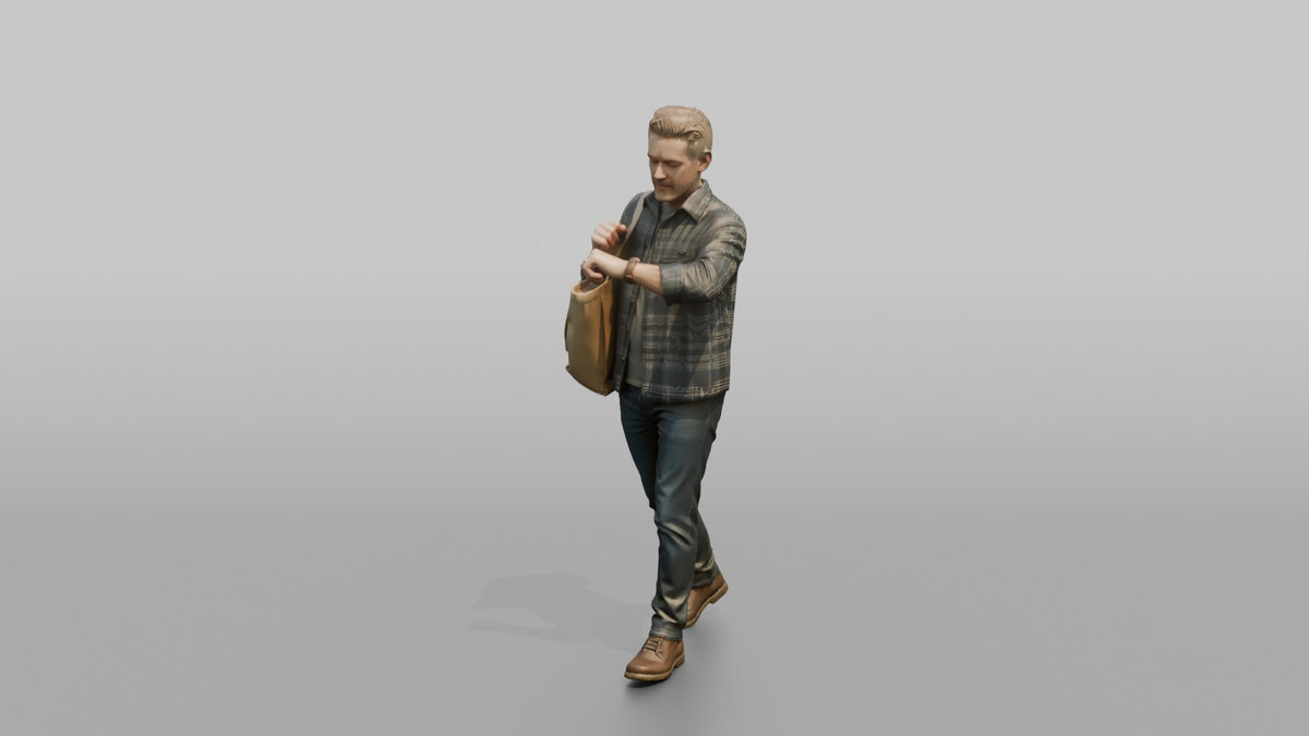 Man Customer Carrying A Large Shopping Bag Over One Shoulder While Checking His Watch - 3D character model, view 4