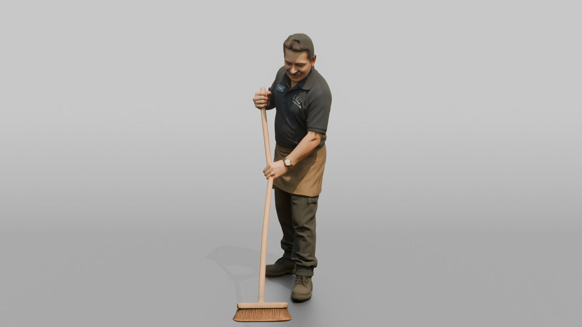 Man Store Employee Sweeping The Floor With A Broom - 3D character model, view 4
