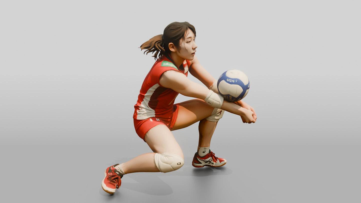 East Asian Female Volleyball Player in Red and White Jersey