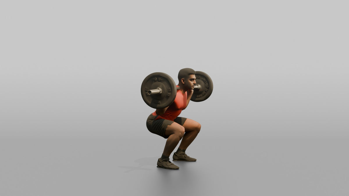 Weightlifter Man Holding A Barbell Across The Shoulders In A Squat Stance - 3D character model, view 2